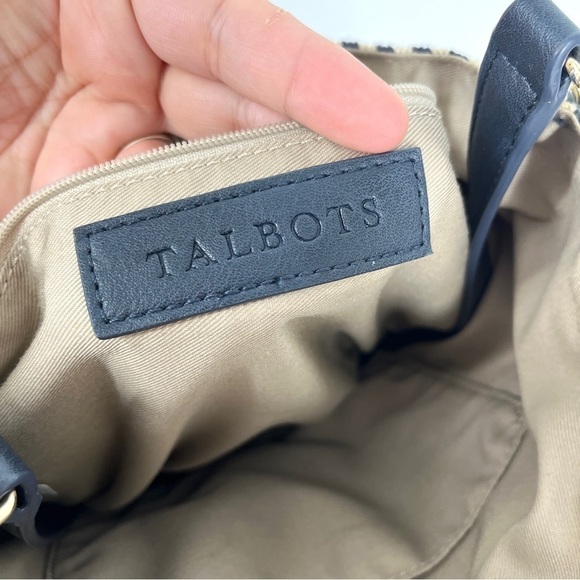 Talbots Navy Striped Canvas Corn Husk Straw Woven Bucket Bag Shoulder Purse - Picture 7 of 16